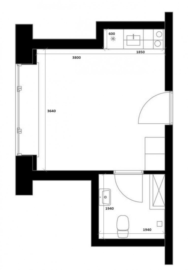 Block D - 1-room apartments Type E